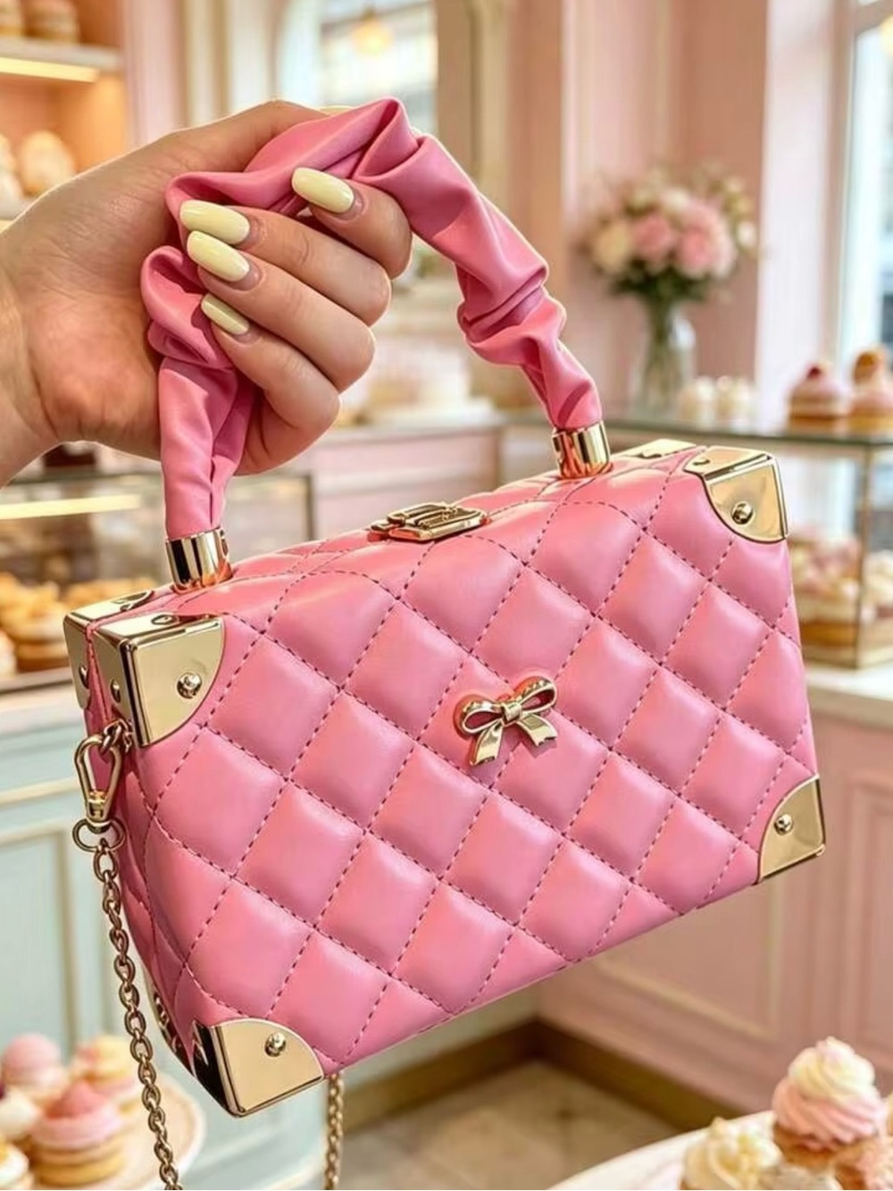 Pink Quilted Top-Handle Bag with Gold Accents